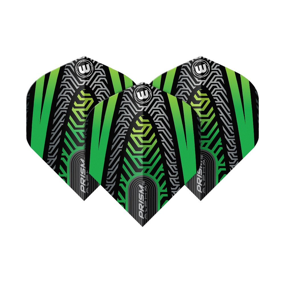 Winmau Prism Alpha Black Green No. 2 Standard Flights Winmau Prism Alpha Schwarz No2 Standard Flights sind als Set abgebildet. Das Muster ist auffällig und modern.