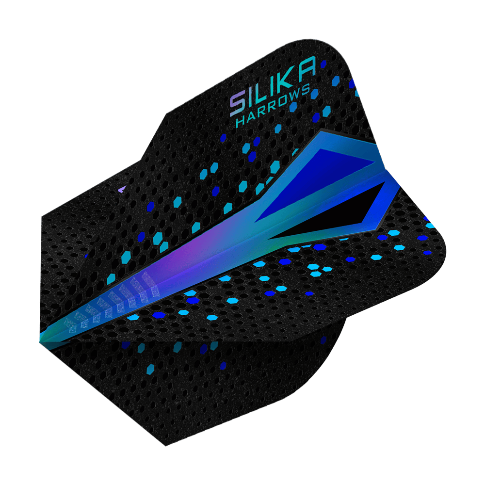 Das Bild zeigt ein Dartflight mit dem Namen "Harrows Silika Colourshift Tough Crystalline Coating Blue No6". Das Flight ist überwiegend schwarz mit einem blauen, schimmernden Muster und sechseckigen Akzenten.