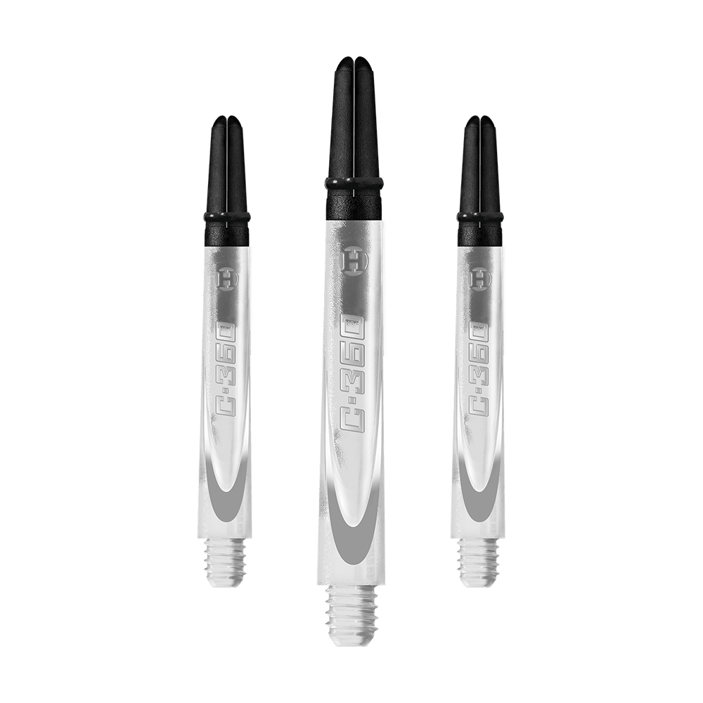 HR448_Harrows_Carbon_360_Shafts_Clear_49mm_1EXwDpJSfnNzw3 Das Bild zeigt drei transparente Dartschäfte mit schwarzem oberen Ende. Auf den Schäften steht die Aufschrift "C:360".