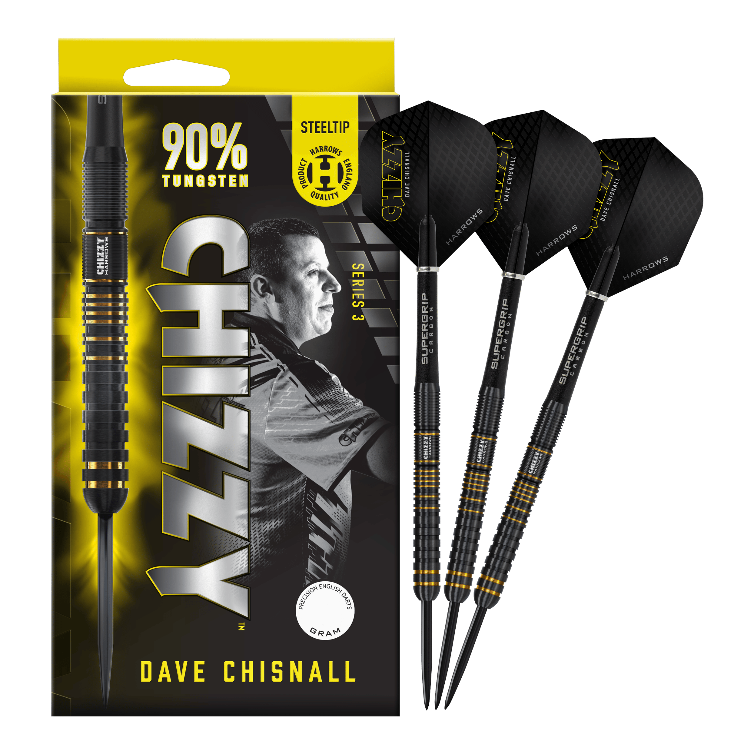 Harrow's Dave Chisnall Chizzy Series 3 steel darts Das Bild zeigt eine Verpackung der Harrows Dave Chisnall Chizzy Series 3 Steeldarts mit einem Porträt von Dave Chisnall. Rechts daneben sind drei schwarze und gelbe Steeldarts abgebildet.