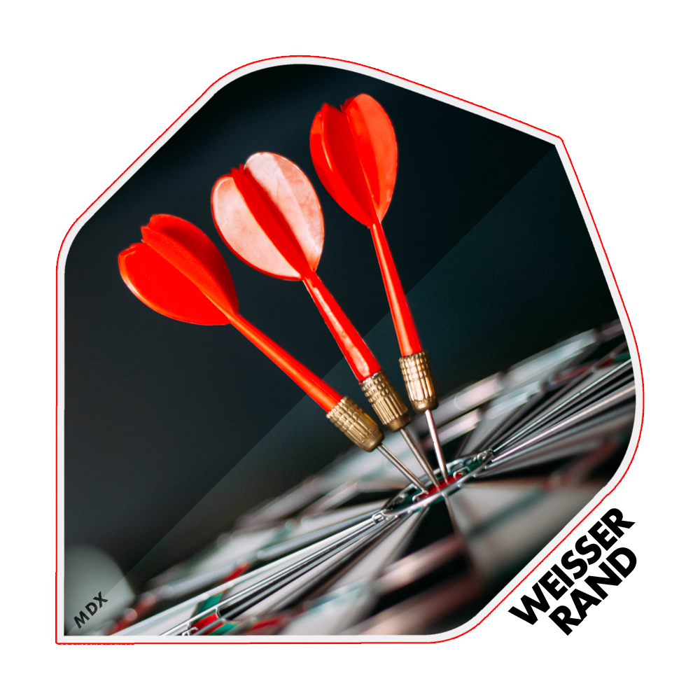 MD-401-4SLog_4-seitig_Bedruckte_Flights_Logo_MDX_4 Das Bild zeigt drei rote Dartpfeile, die im Bullseye einer Dartscheibe stecken. Am rechten unteren Rand steht der Text "WEISSER RAND".