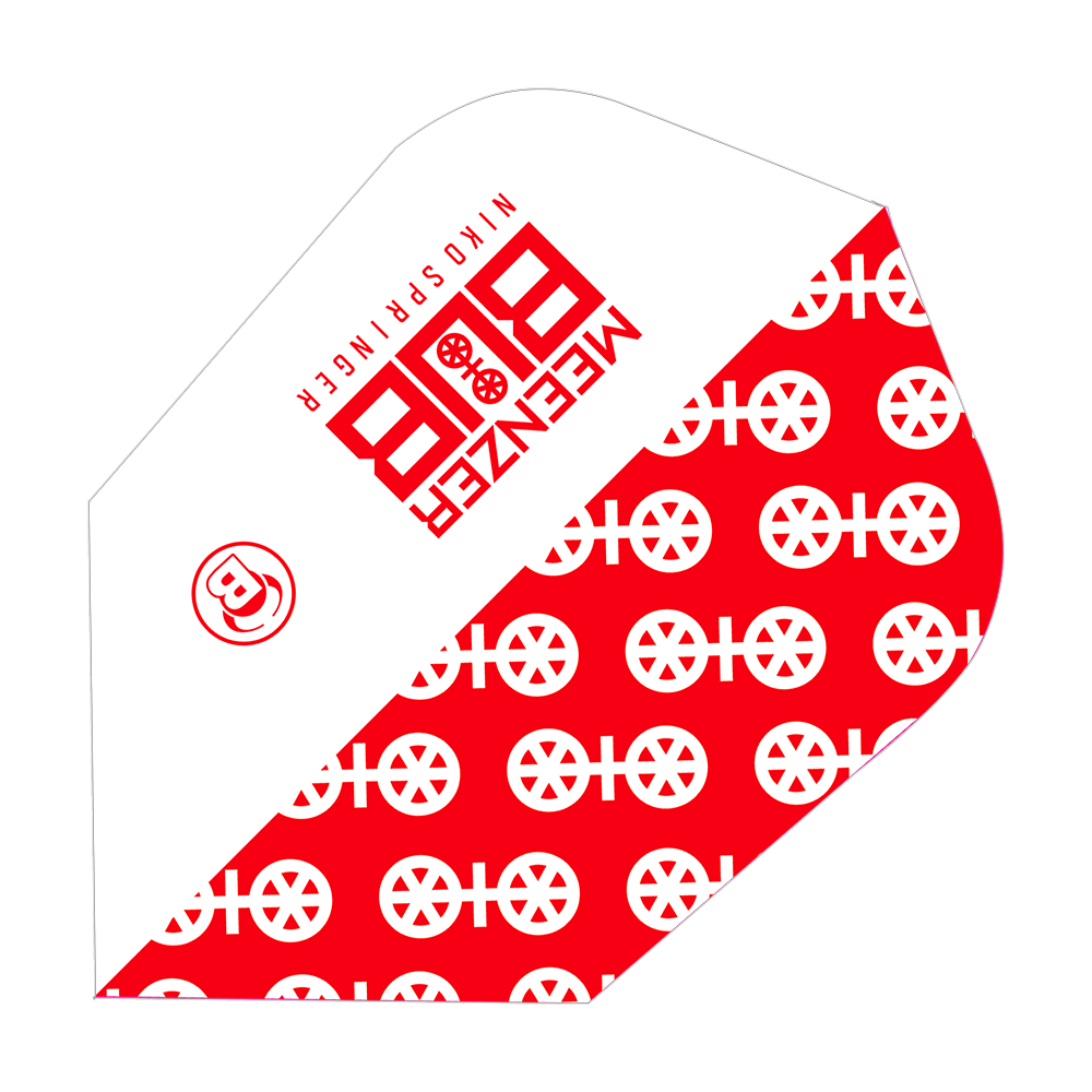 Das Bild zeigt ein Dartflight-Produkt mit dem Namen "Bulls X-Powerflite Niko Springer XXL B-Standard Flights". Das Design ist rot-weiß und trägt auffällige Logos und Muster.